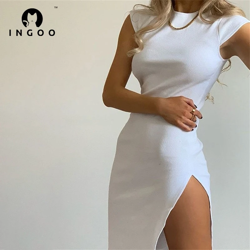 

INGOO Rib Short Sleeve Bodycon Dresses Women Sexy Side Slit Tight Elegant Black Midi Dress Commuter Office Casual Sundress White