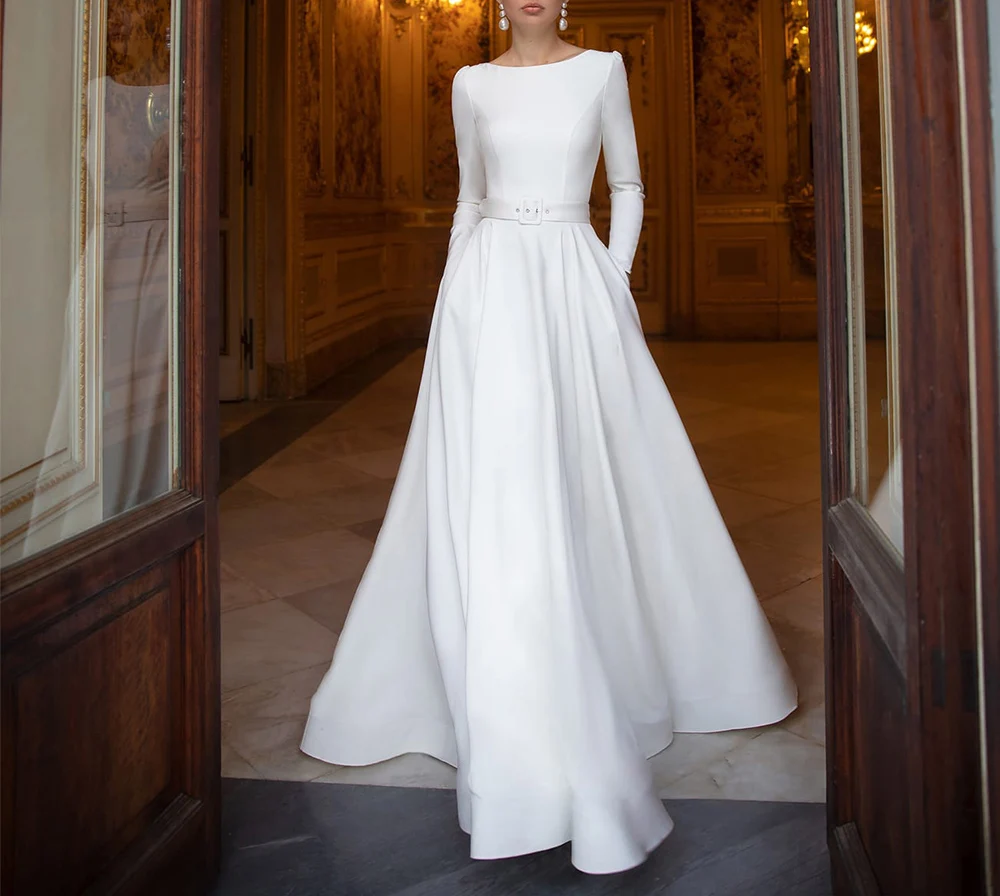 Атласные вечерние платья до пола с круглым вырезом, со шлейфом и поясом, платье знаменитости цвета слоновой кости