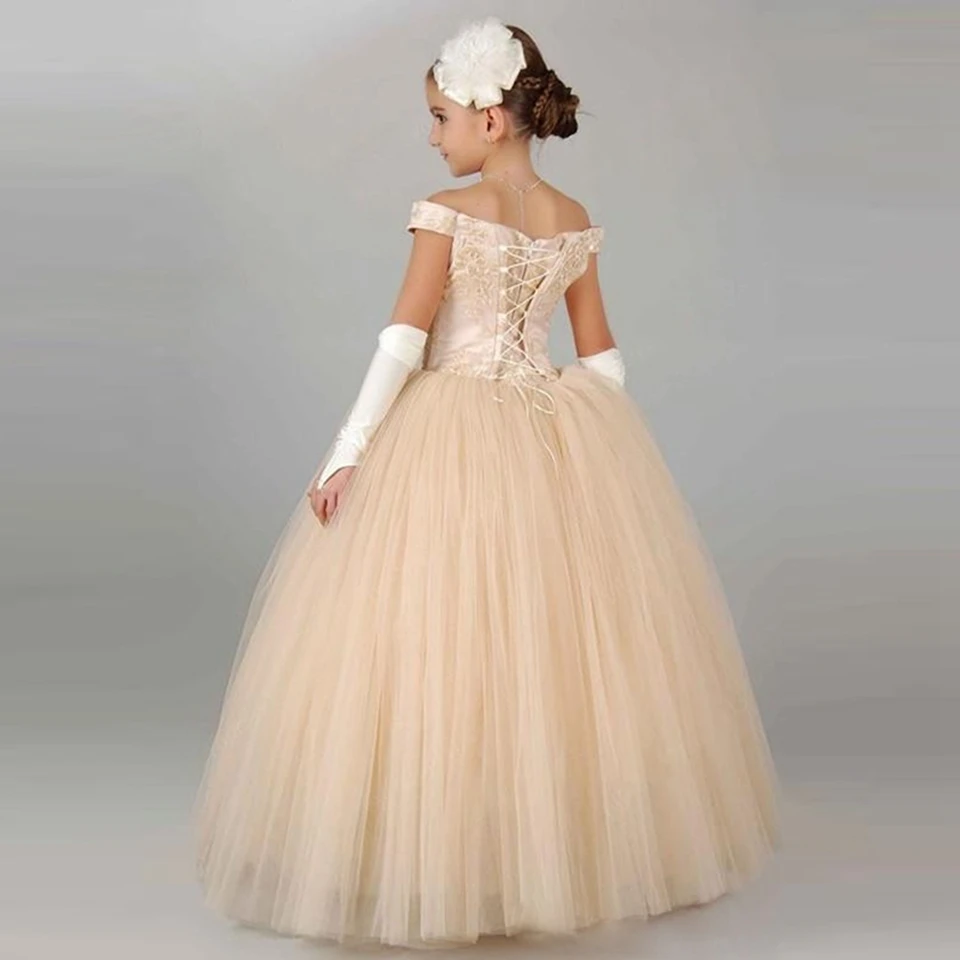 2020 New Luxury Ball Gown Fower Girl Dresses Off The Shoulder Appliques Lace Princess Dress For Weddings Elegant Pageant Gowns | Свадьбы и