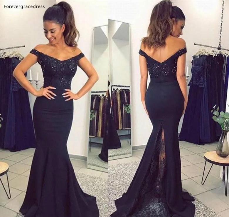 

2019 Mermaid Navy Blue Prom Dress Sexy Off The Shoulder Lace Formal Holidays Wear Graduation Evening Party Gown Plus Size