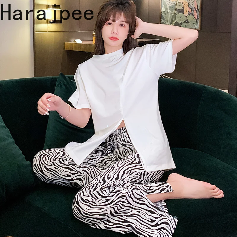 Harajpee 2 Piece Set Pajamas Women Summer 2021 Fashion Thin Pure Cotton Home Clothes Suit O-neck T-shirts + Zebra Printing Pants
Harajpee 2 Piece Set Pajamas Women Summer 2021 Fashion Thin Pure Cotton Home Clothes Suit O-neck T-shirts + Zebra Printing Pants