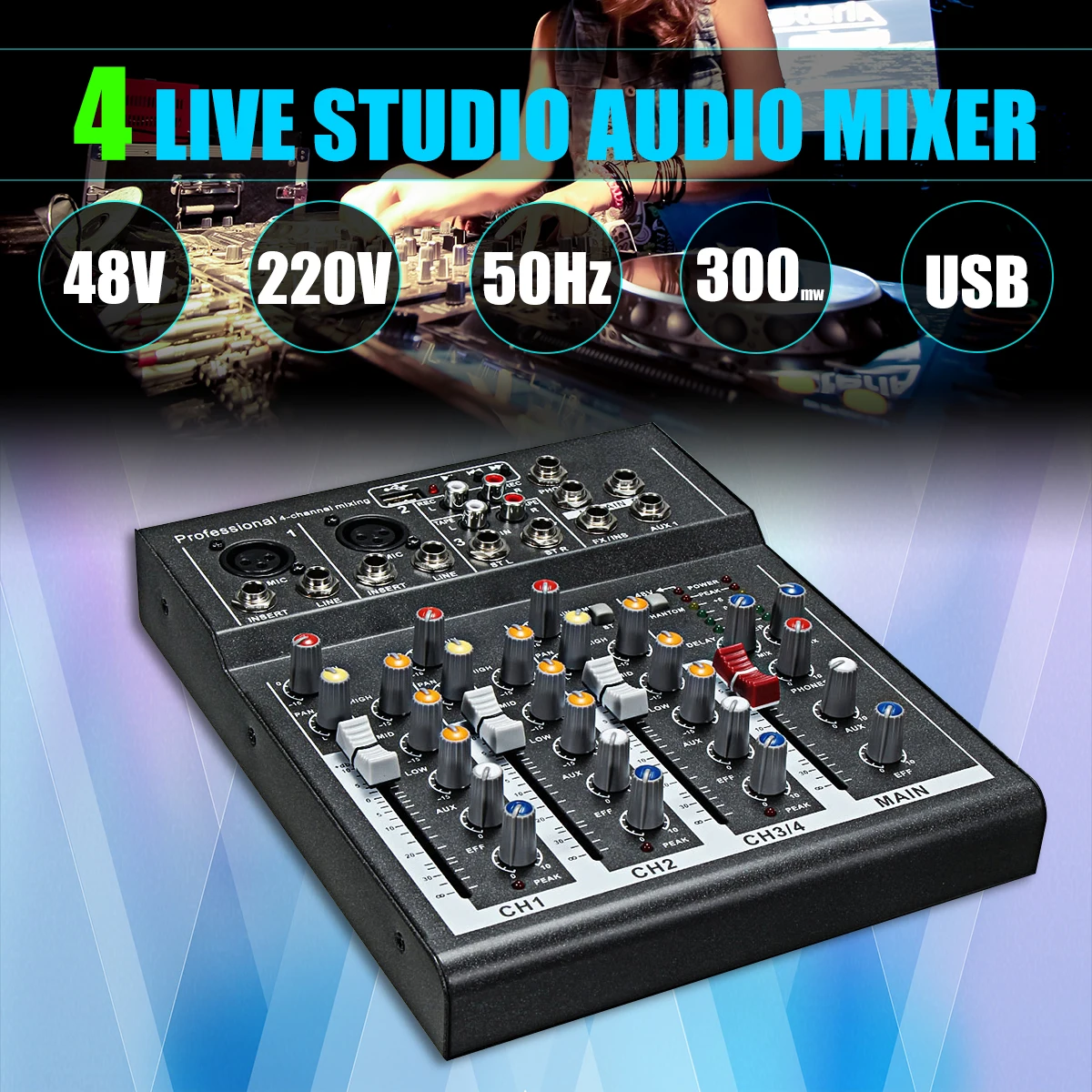 Karaoke Mixer Professional 4 Channel Studio Audio DJ Mixing Console Amplifier Digital Mini Microphone Sound Mixer Sound Card
Karaoke Mixer Professional 4 Channel Studio Audio DJ Mixing Console Amplifier Digital Mini Microphone Sound Mixer Sound Card