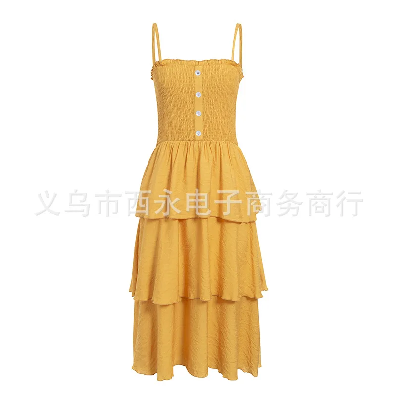 Spring and Summer Hot-Selling European and American Women's Clothing Solid Color Layered Ruffled Loose Slimming Suspender Long D 
Spring and Summer Hot-Selling European and American Women's Clothing Solid Color Layered Ruffled Loose Slimming Suspender Long D