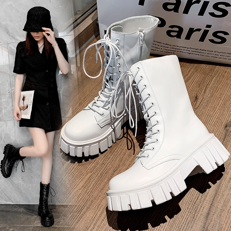 

Platform Thick-soled Mid-calf Boots Women's 2021 New Fashion Increase British Style Spring and Autumn Winter Boots Chunky Heels