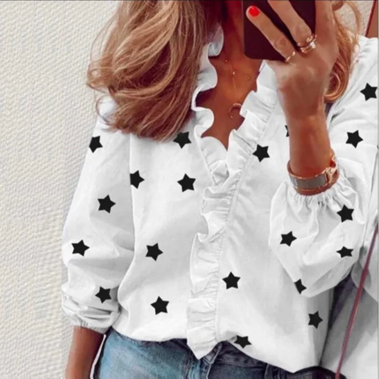 WEPBEL Women's Casual Lantern Sleeve V-neck Stitching Loose Shirt Top Spring and Autumn Fashion Star Printed Ruffles Blouse
WEPBEL Women's Casual Lantern Sleeve V-neck Stitching Loose Shirt Top Spring and Autumn Fashion Star Printed Ruffles Blouse
