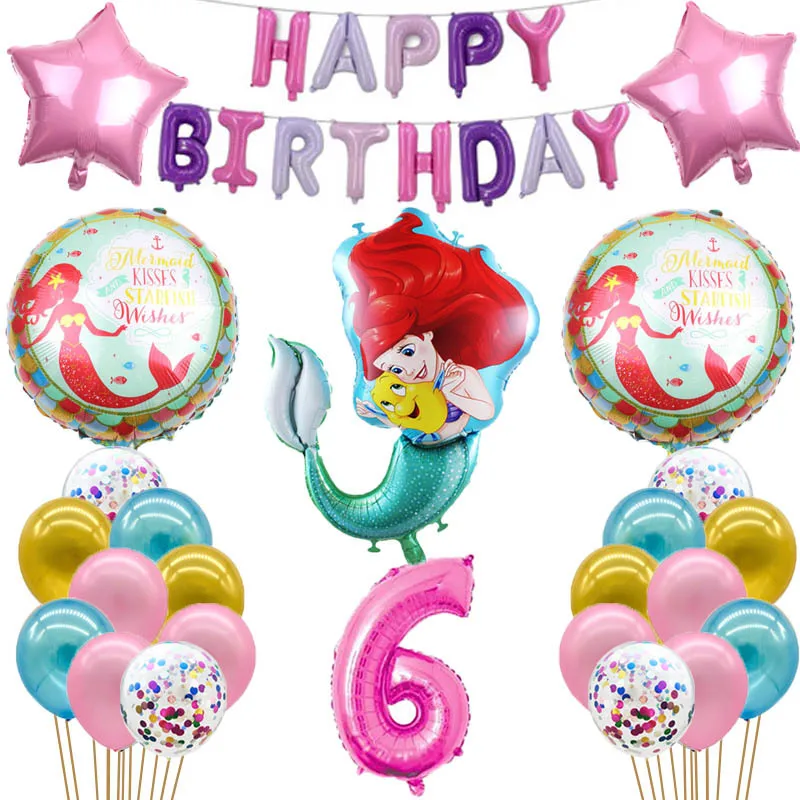 

Воздушные шары в виде русалки Ариэль, мультяшный флаг, праздничные принадлежности, принцесса, девочка, розовый фольгированный шар, 32 дюйма, ...