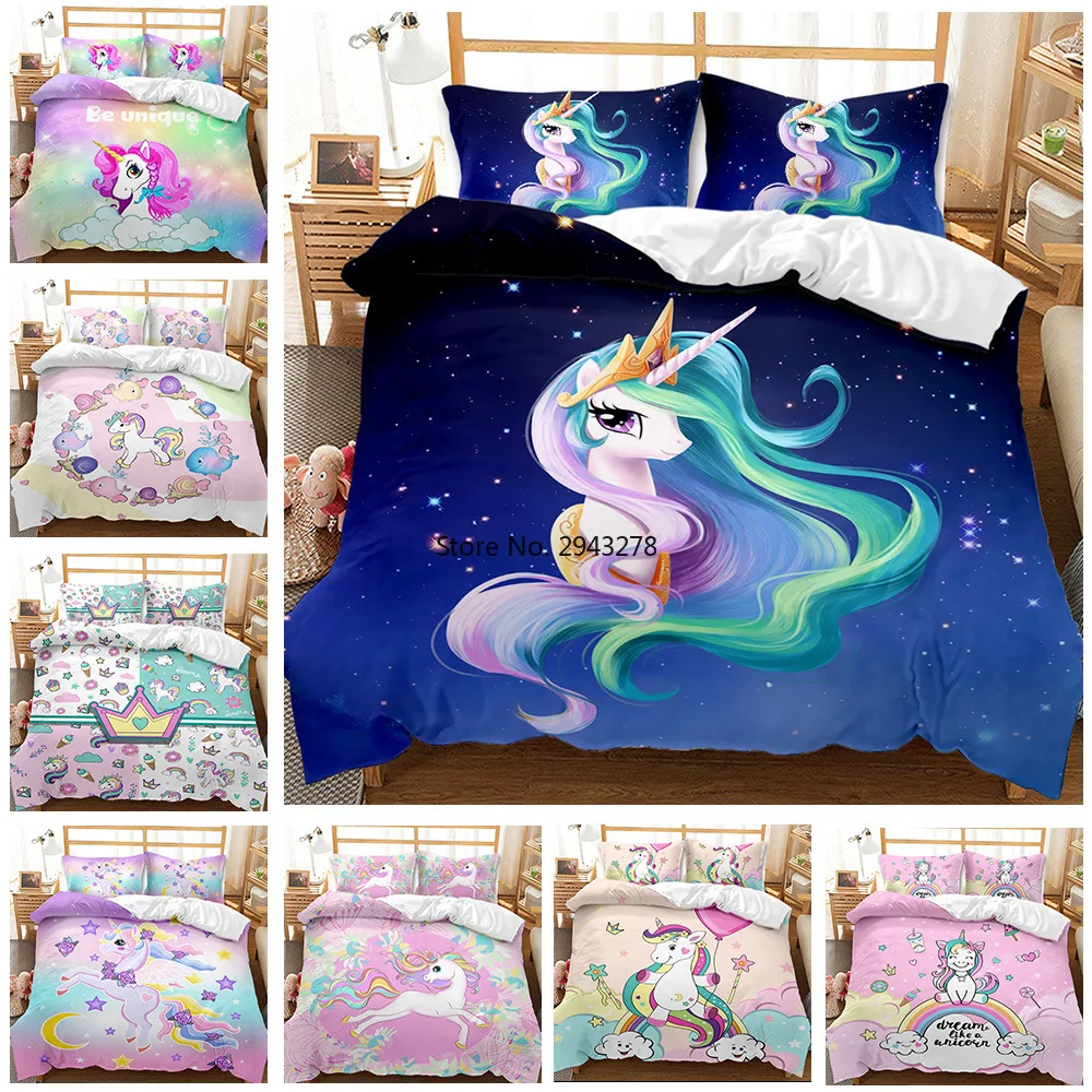 

Hot Sale Cartoon Unicorn Kids Girls Pink 3D Bedding Set Duvet Cover Bedcllothes Animal Printed Queen King Size Home Bed Linens