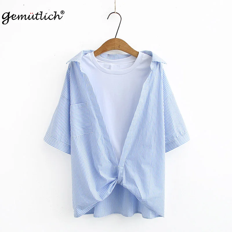 GEMUTLICH Women Big Size Fake Two Pieces Blouse Casual Blue Striped Short Sleeved Shirt Top Pullover T-Shrit
GEMUTLICH Women Big Size Fake Two Pieces Blouse Casual Blue Striped Short Sleeved Shirt Top Pullover T-Shrit
