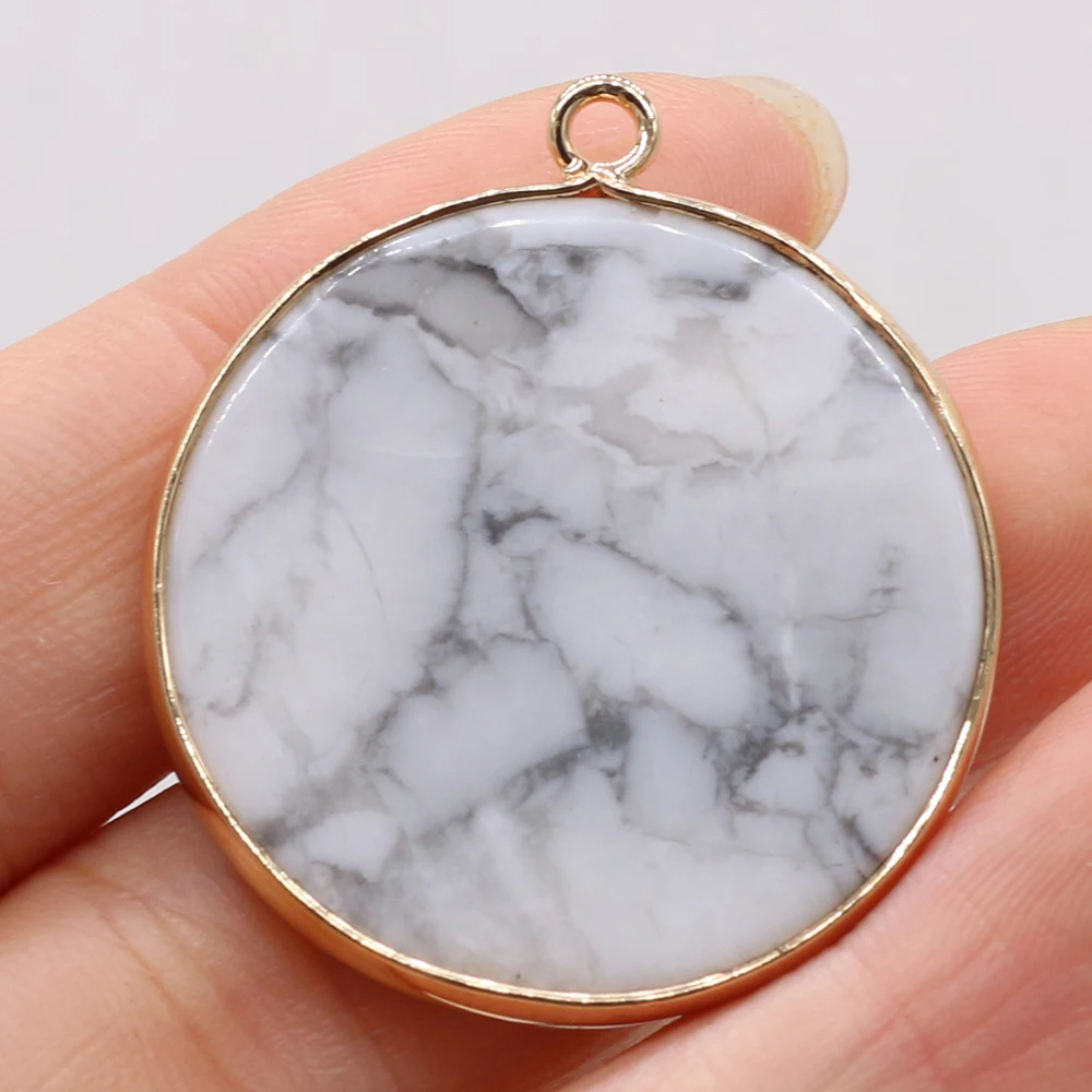 

Natural Semi-precious Stones Round White Turquoise Pendants Gilt Edge Charms for Jewelry Making DIY Necklace Accessories Gifts
