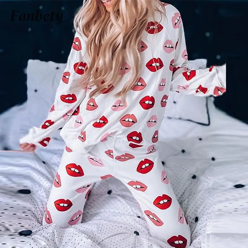 Women Pajamas Homewear Casual Sexy Soft O-Neck Long Sleeve Tops + Long Pants Suits Fashion Loose Lips Pattern Print Chic Outfits 
Women Pajamas Homewear Casual Sexy Soft O-Neck Long Sleeve Tops + Long Pants Suits Fashion Loose Lips Pattern Print Chic Outfits