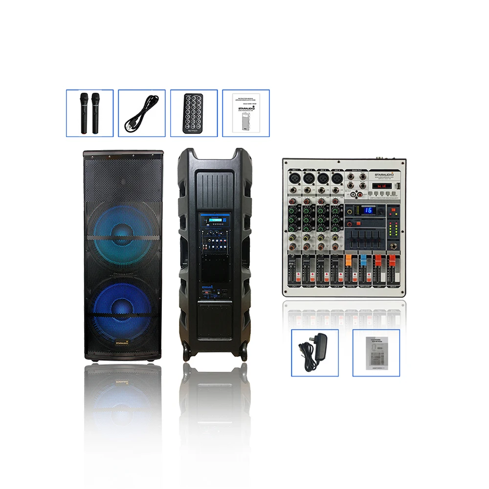 5000W Dual 15" Active Audio Powered DJ PA Bluetooth Speaker System 4 Channel Stage USB MP3 BT DJ Bar Mixer SDMN-15RGB+SPMX-4001B
5000W Dual 15" Active Audio Powered DJ PA Bluetooth Speaker System 4 Channel Stage USB MP3 BT DJ Bar Mixer SDMN-15RGB+SPMX-4001B