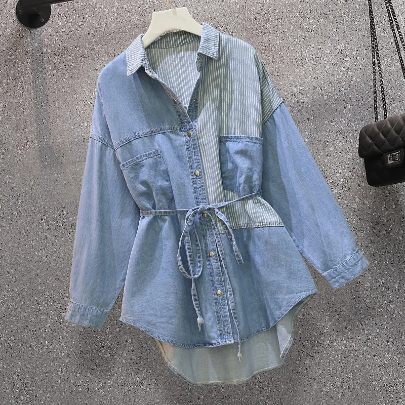 Striped Stitch Denim Long Sleeved Plus Size Korean Autumn Elegant Fashion Blouses And Tops Women'S Oversize Shirt Clothing 2021
Striped Stitch Denim Long Sleeved Plus Size Korean Autumn Elegant Fashion Blouses And Tops Women'S Oversize Shirt Clothing 2021