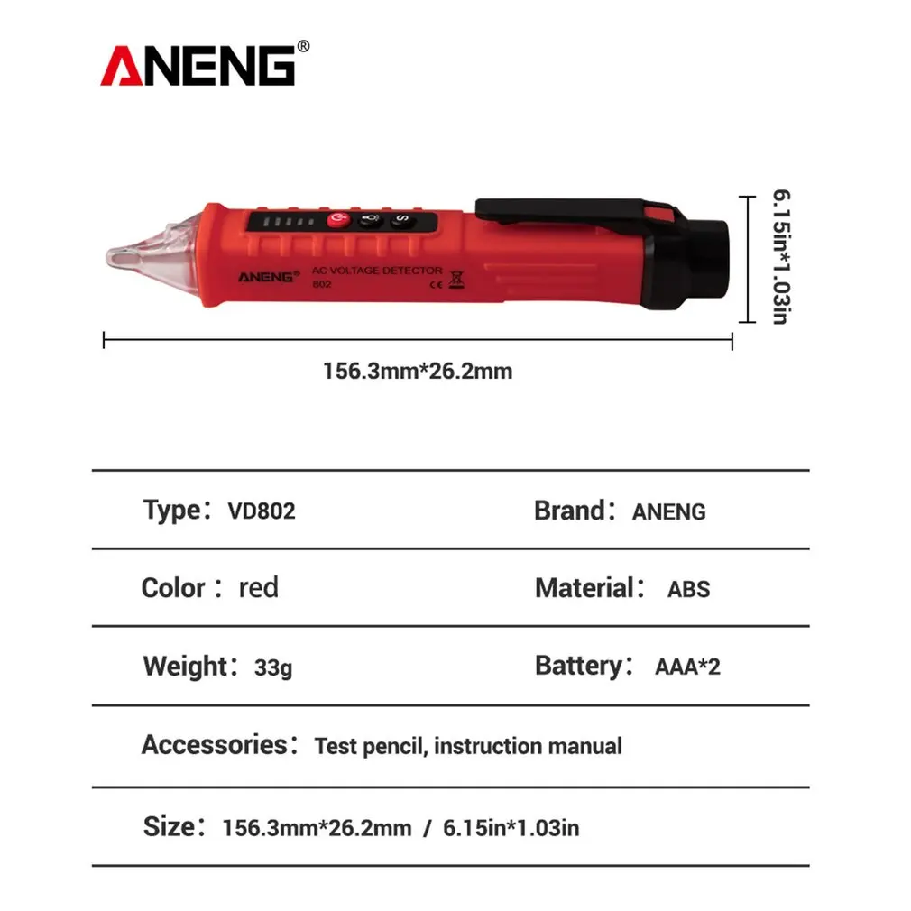 ANENG VD802 Non-Contact AC Voltage Electric Tester Pen Induction Test Pencil With LED Light Electric Detectors Tester 12~1000V 
ANENG VD802 Non-Contact AC Voltage Electric Tester Pen Induction Test Pencil With LED Light Electric Detectors Tester 12~1000V