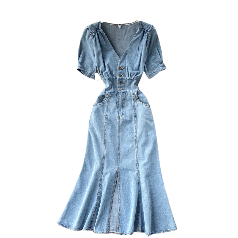 Vintage Denim Women Dresses Summer New Solid V-neck Slim Sexy Mermaid Button Knee-Length Lady Clothing
Vintage Denim Women Dresses Summer New Solid V-neck Slim Sexy Mermaid Button Knee-Length Lady Clothing