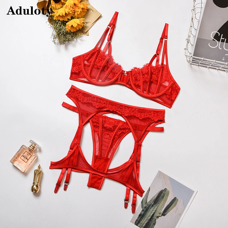 

Aduloty New women's lace mesh stitching underwear set underwire bra garter belt thong thin section see-through erotic lingerie