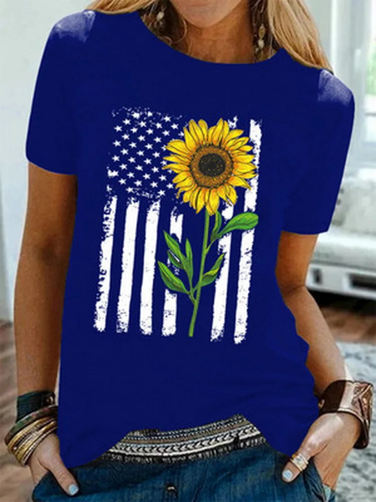 Hot summer new casual women's fashion sunflower with striped print pattern round neck short sleeve multi-color T-shirt women 
Hot summer new casual women's fashion sunflower with striped print pattern round neck short sleeve multi-color T-shirt women