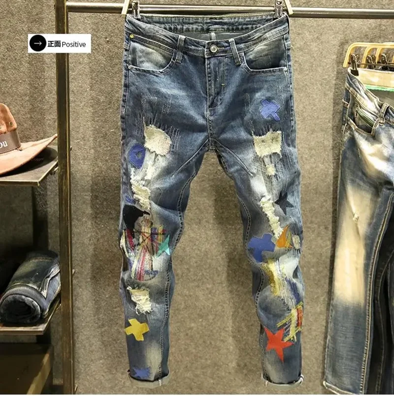 Korean Style Fashion Men Jeans Embroidery Patch Ripped Jeans Stretch Pencil Pants Streetwear Elastic Hip Hop Jeans Men New
Korean Style Fashion Men Jeans Embroidery Patch Ripped Jeans Stretch Pencil Pants Streetwear Elastic Hip Hop Jeans Men New