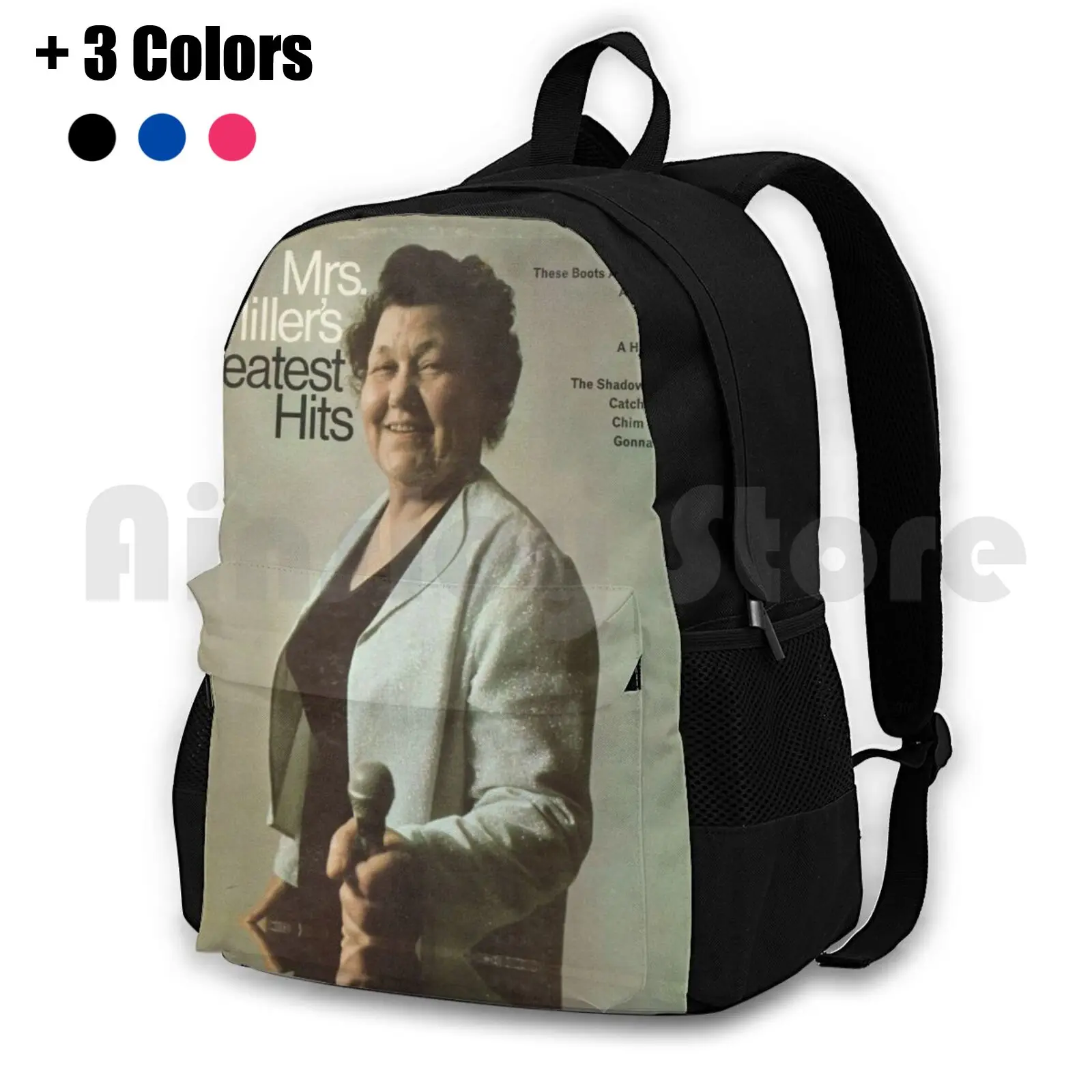 

Mrs. Elva Miller Outdoor Hiking Backpack Waterproof Camping Travel Mrs Miller 60S 1960S Musician Music The Cover Record