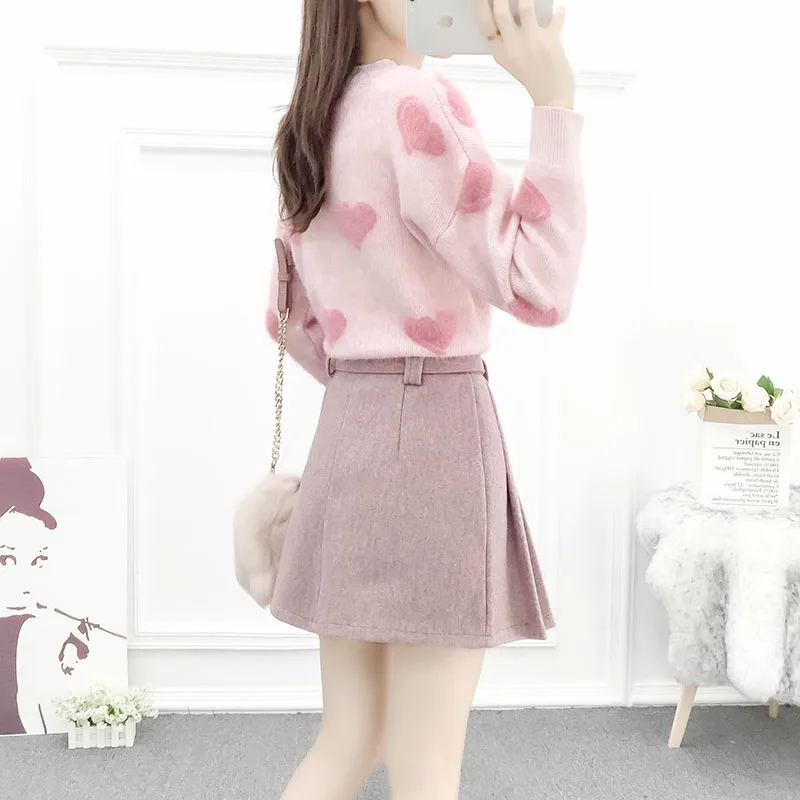 new winter sweet princess suit hearts pink sweater tweed cloth pleated skirts two-piece outfit women knitwear warm fall
new winter sweet princess suit hearts pink sweater tweed cloth pleated skirts two-piece outfit women knitwear warm fall