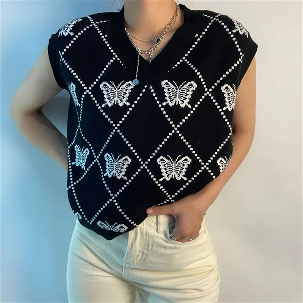 Women Casual V-Neck Knitted Sweater Vest Fashion Butterfly Pattern Loose Sleeveless Knitwear Autumn Winter 2021
Women Casual V-Neck Knitted Sweater Vest Fashion Butterfly Pattern Loose Sleeveless Knitwear Autumn Winter 2021