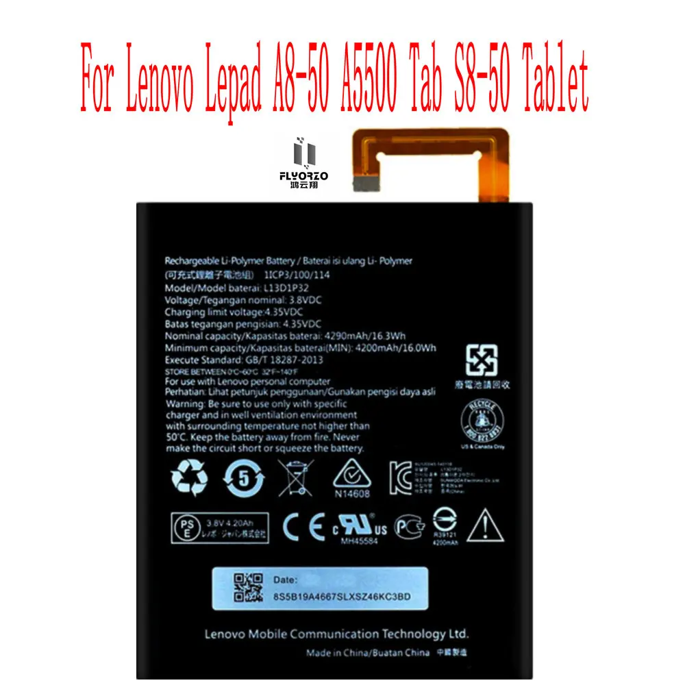 Абсолютно новый аккумулятор 4290 мАч L13D1P32 для Lenovo Lepad A8-50 A5500 Tab S8-50 Tablet Battery
Абсолютно новый аккумулятор 4290 мАч L13D1P32 для Lenovo Lepad A8-50 A5500 Tab S8-50 Tablet Battery