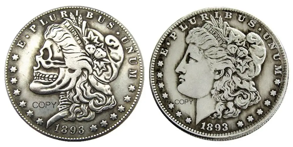 США голова к голове два лица 1893/1893 Морган доллар Череп Зомби Скелет посеребренные копии монет
США голова к голове два лица 1893/1893 Морган доллар Череп Зомби Скелет посеребренные копии монет