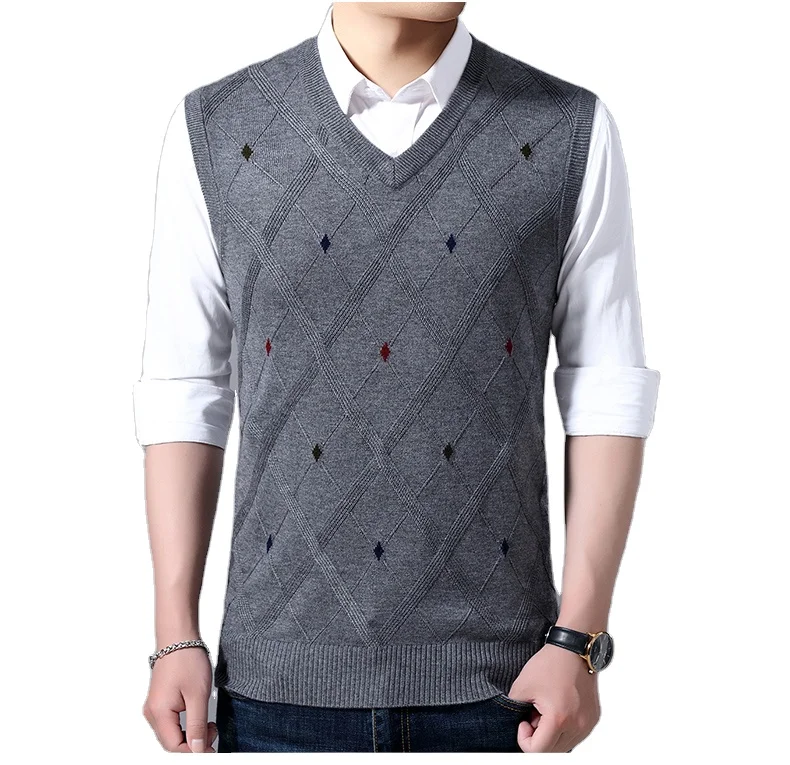 

High Quality Men Fashion V-neck Crochet Knitted Argyle Pattern Plain Wool Pullover Sweater Vest