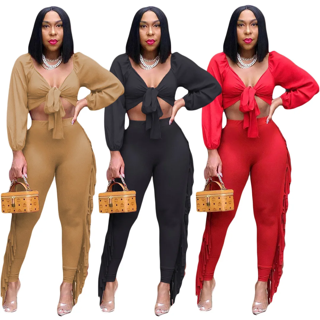 Women Two Piece Suits Sexy Party Long Sleeve Tie Front Crop Top & Tassels Slim Pants Set
Women Two Piece Suits Sexy Party Long Sleeve Tie Front Crop Top & Tassels Slim Pants Set
