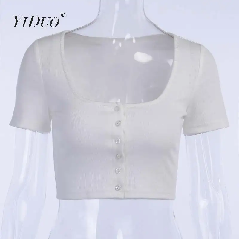 YiDuo Sexy Front Buttons Square Collar Short Sleeve Crop Top Summer Women T-shirt Solid Knitting Lady Elastic Streetwear Tops
YiDuo Sexy Front Buttons Square Collar Short Sleeve Crop Top Summer Women T-shirt Solid Knitting Lady Elastic Streetwear Tops