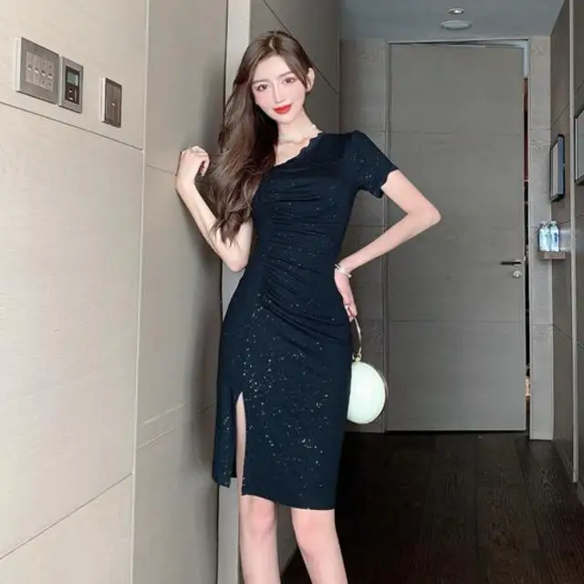 

Nightclub Women's Clothing Elegant Socialite Scheming Little Black Dress Split Sheath Sexy Dress Women's 2021 Summer Puff Sleeve