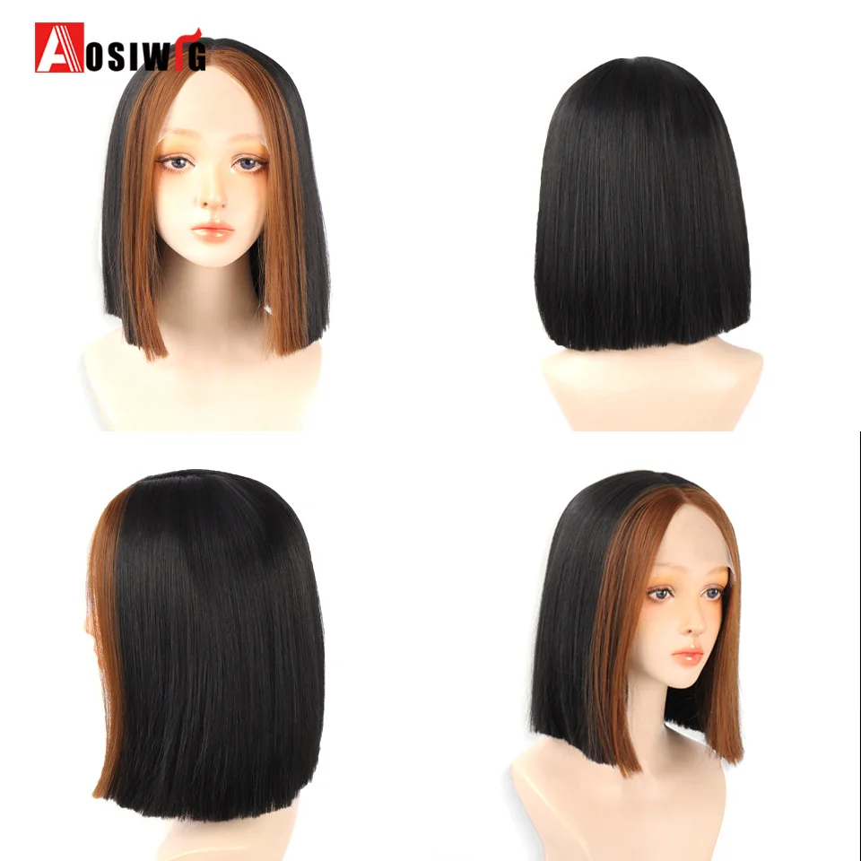 AOSIWIG Short Straight Hair Bob Wig Lady Naturally Synthetic Heat-resistant Closed Lace Party Daily Wear | Шиньоны и парики