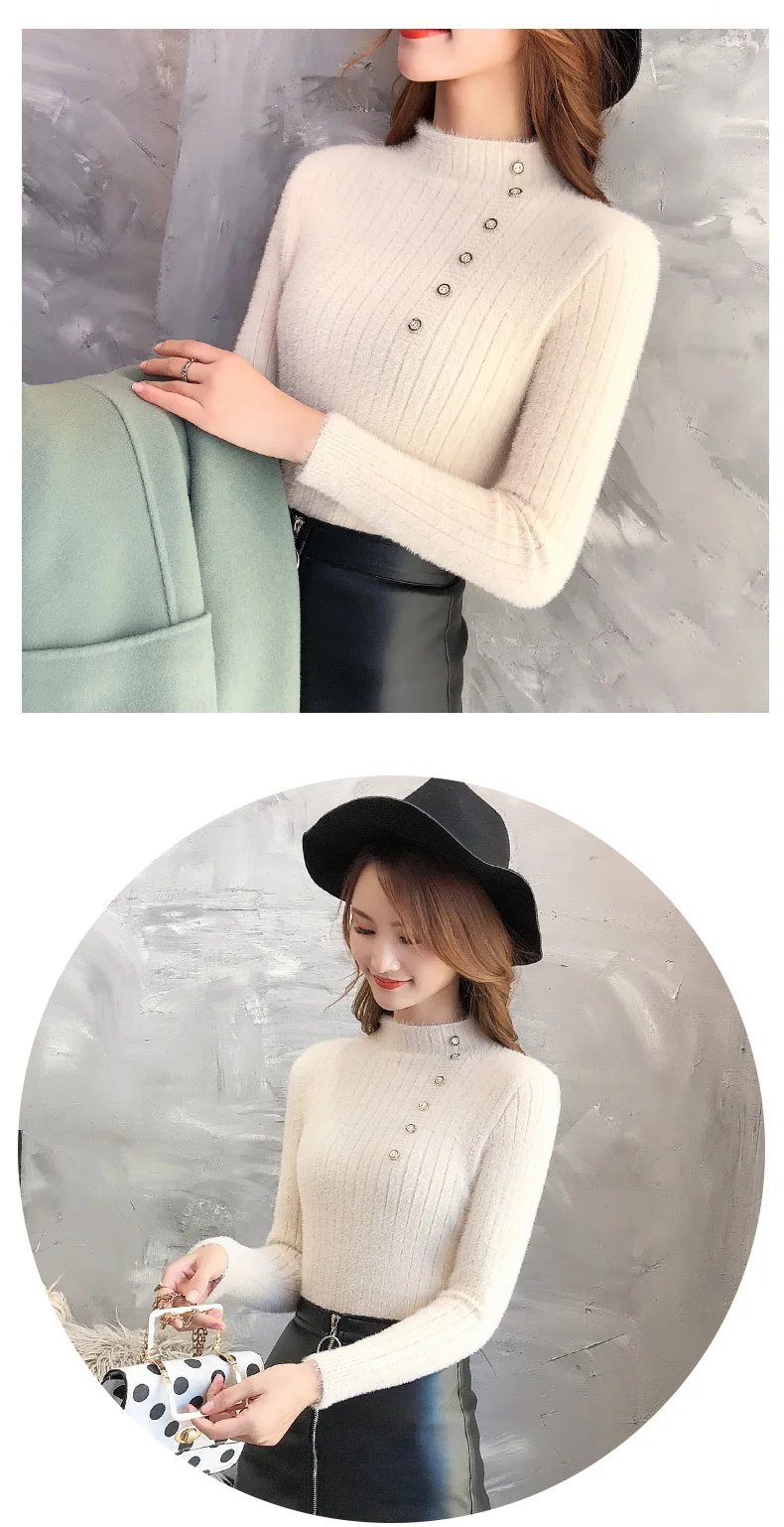 Long sleeve Sweater Faux Mink Velvet Button Bottom Slim Sweaters Women Warm Knitted Sweater Pullover Female Spring High Collar
Long sleeve Sweater Faux Mink Velvet Button Bottom Slim Sweaters Women Warm Knitted Sweater Pullover Female Spring High Collar