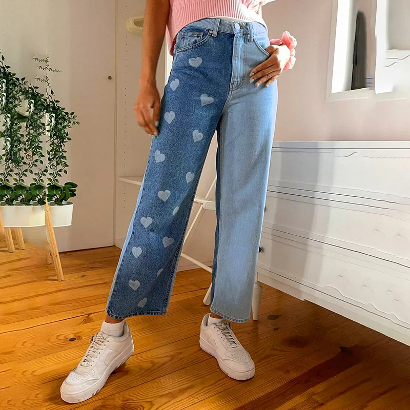 Heart Print Straight Jeans For Women High Waist Two color stitching Stylish Denim Pants Streetwear Female wide leg jeans
Heart Print Straight Jeans For Women High Waist Two color stitching Stylish Denim Pants Streetwear Female wide leg jeans