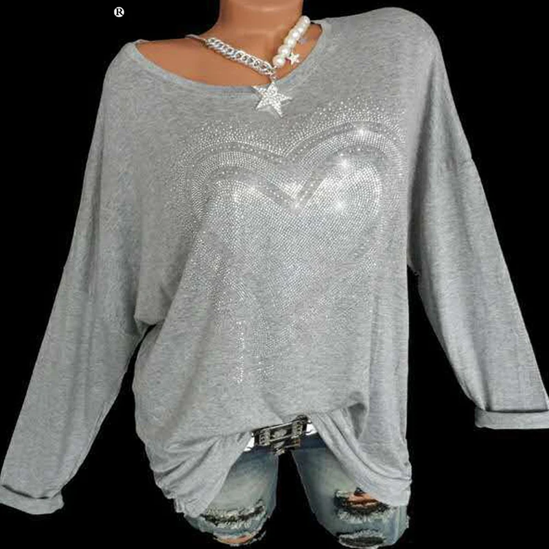 2020 Women New Pearl Beading Love Print Tops Female Autumn Long Sleeve T-Shirt Casual Loose Tee Shirt Plus size 4xl 5xl | Женская одежда