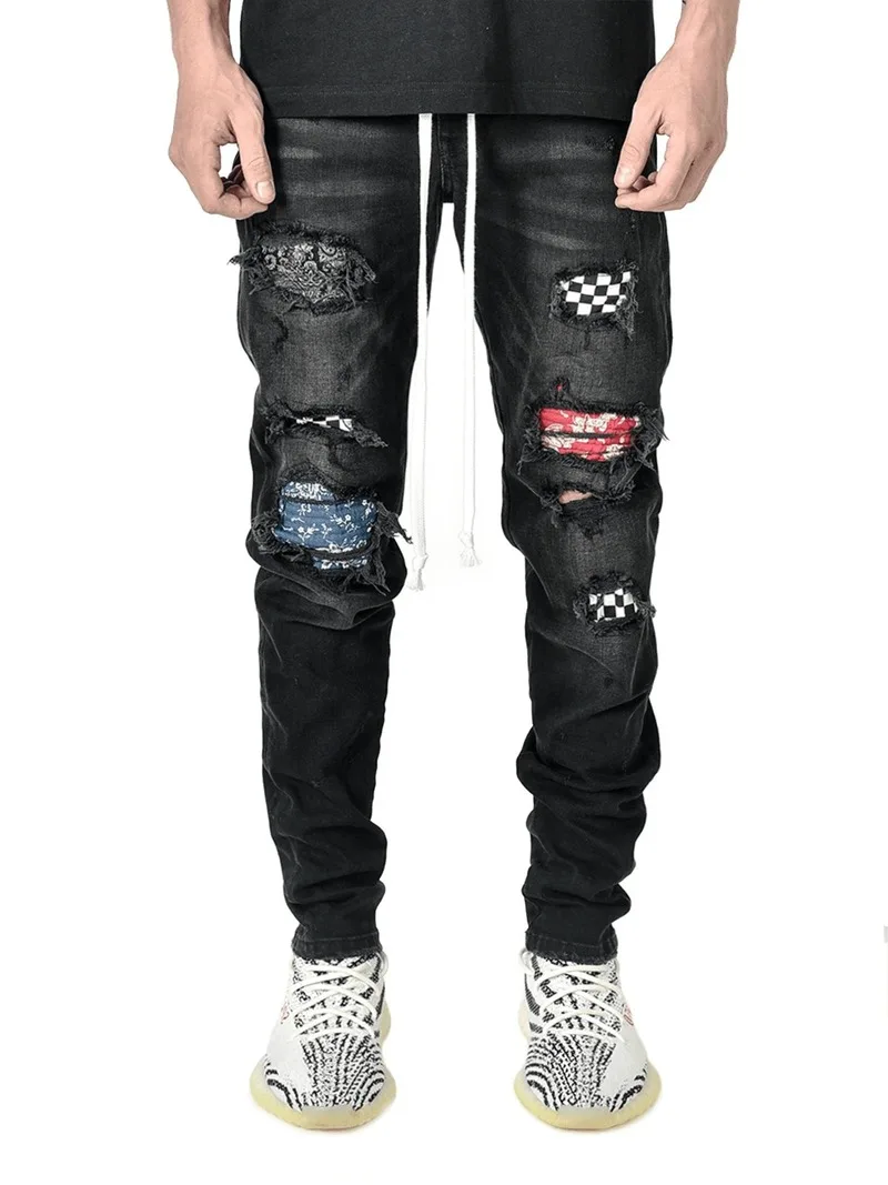 Модные узкие джинсы Мужские Разорванные в клетку стиле пэчворк Штаны-карандаш