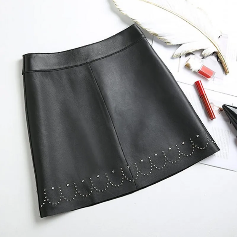 New Womens Genuine Leather Skirt Rivet Beading Design Fashion High Waist Skirt Sheepskin Above Knee Elegant A-Line Skirt
New Womens Genuine Leather Skirt Rivet Beading Design Fashion High Waist Skirt Sheepskin Above Knee Elegant A-Line Skirt