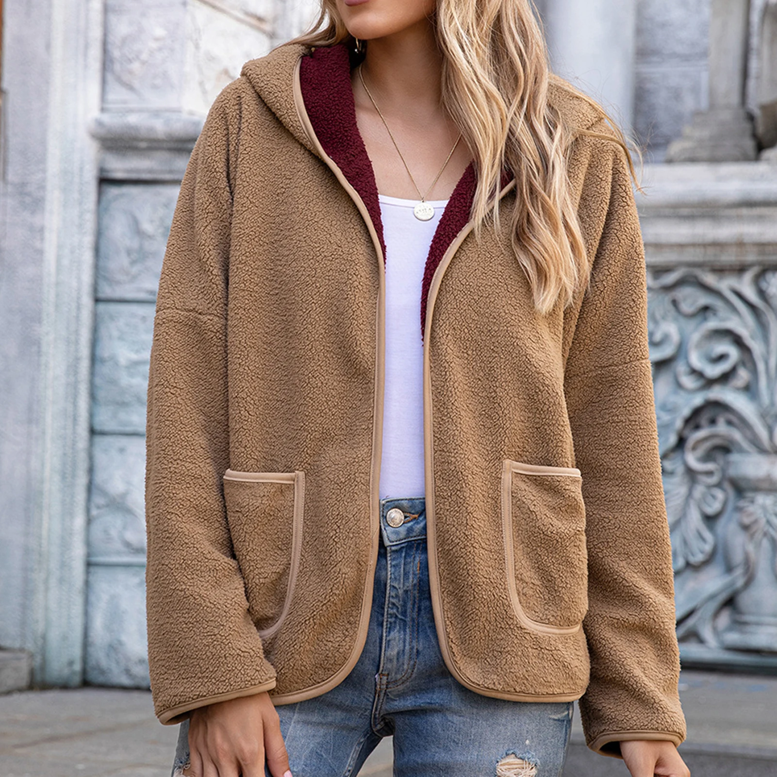 Women Autumn Winter Pockets Open Front Hooded Jacket Plush Warm Coat Outerwear
Women Autumn Winter Pockets Open Front Hooded Jacket Plush Warm Coat Outerwear