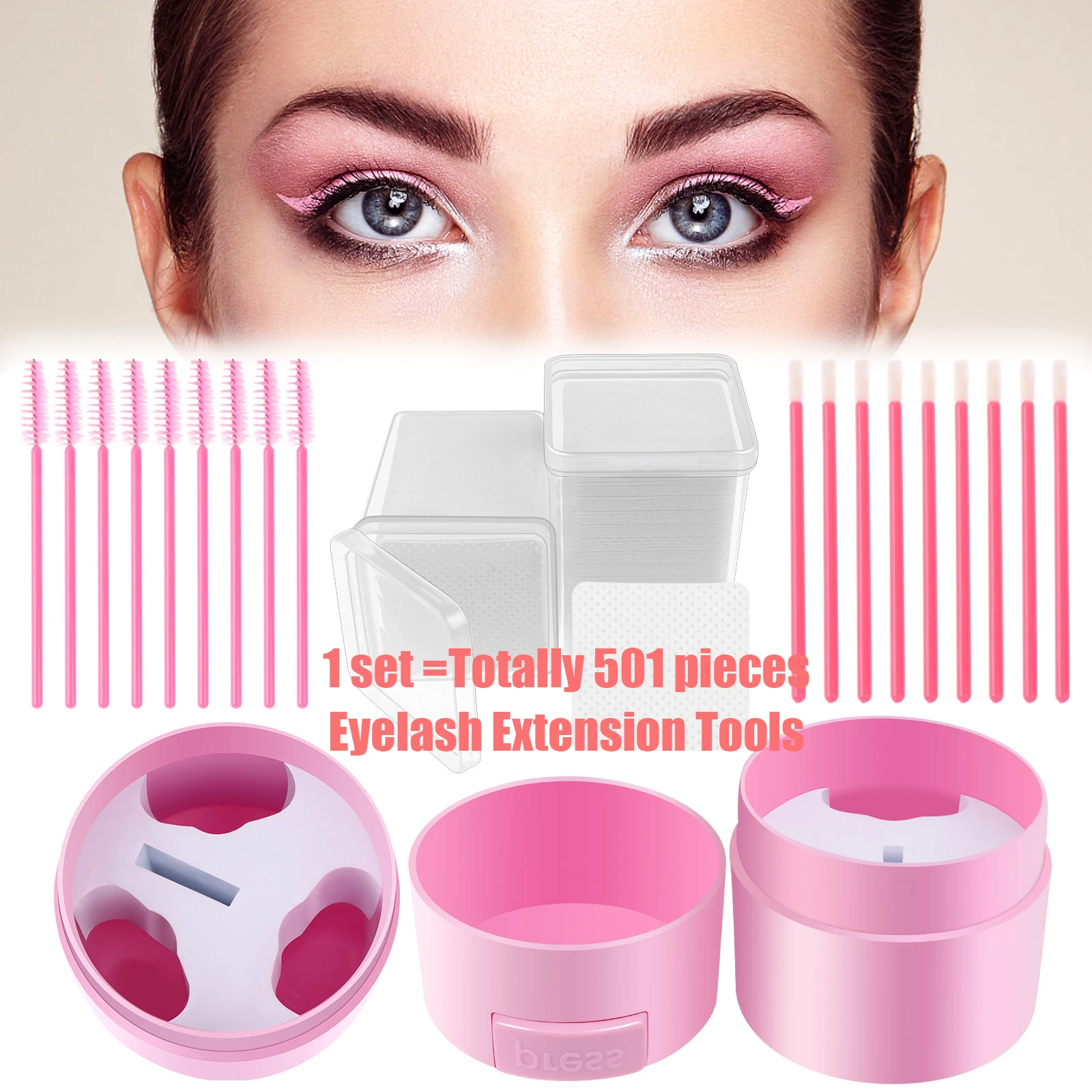 

501 Pieces / Set Eyelash Extension Beauty Tool Set Glue Storage Tanks Sealed Disposable Eyelash Brush Beauty Tools