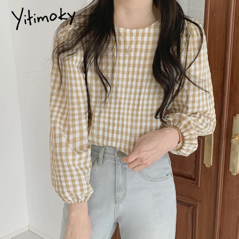 Женская винтажная блузка Yitimoky, клетчатая Свободная рубашка с длинными рукавами-фонариками, круглым вырезом, весна 2021, в Корейском стиле
Женская винтажная блузка Yitimoky, клетчатая Свободная рубашка с длинными рукавами-фонариками, круглым вырезом, весна 2021, в Корейском стиле