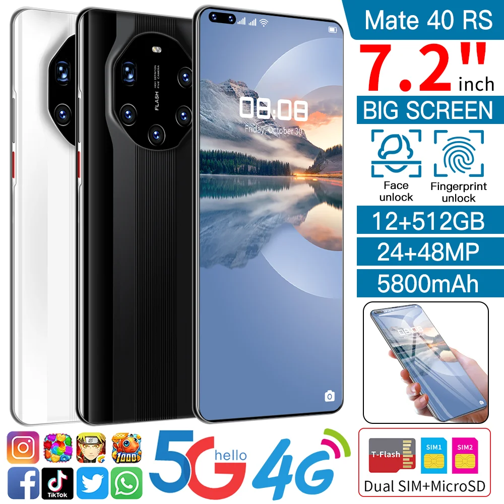 Смартфон Mate40 RS 24 Мп + 48 МП 7 2 дюйма 12 Гб 512 ГБ две SIM карты MicroSD левый экран
