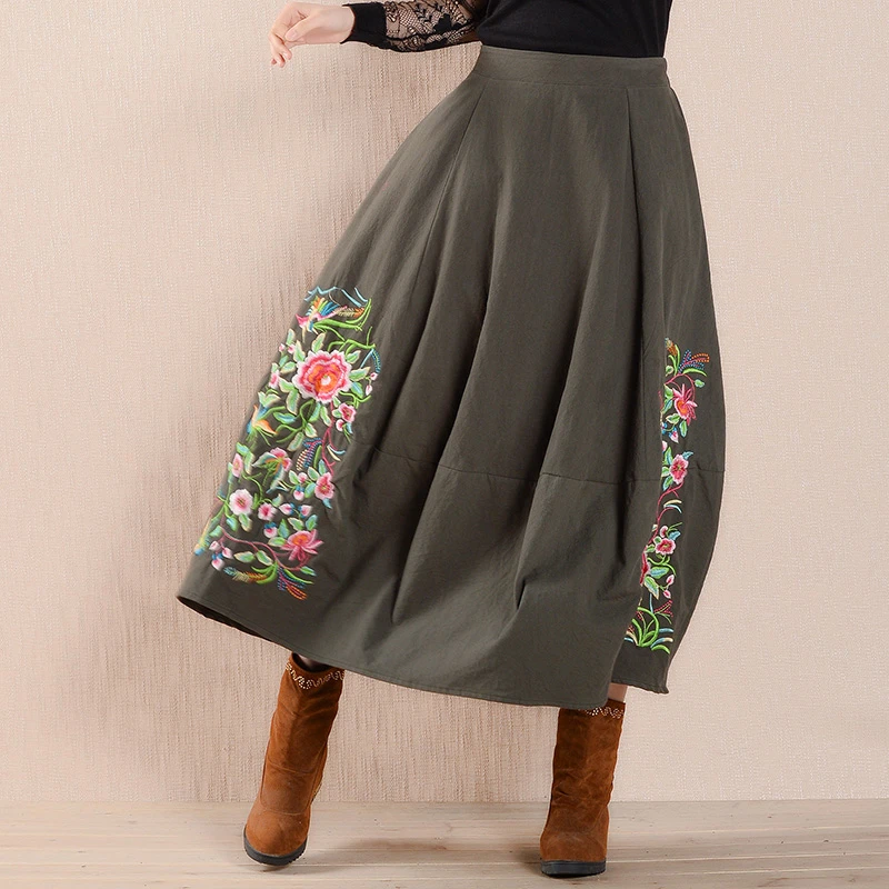 Autumn Vintage Floral Embroidery Pleated Skirt Jupe Femme Ethnic Style Women Cotton Linen Skirt Mid Waist Spring 
Autumn Vintage Floral Embroidery Pleated Skirt Jupe Femme Ethnic Style Women Cotton Linen Skirt Mid Waist Spring