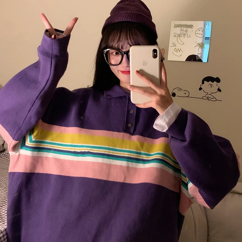 Striped Casual Pullovers Women Knitted Elegant Lapel Harajuku Sweater Jumpers Autumn Winter Loose Long Sleeve Preppy Warm W149
Striped Casual Pullovers Women Knitted Elegant Lapel Harajuku Sweater Jumpers Autumn Winter Loose Long Sleeve Preppy Warm W149
