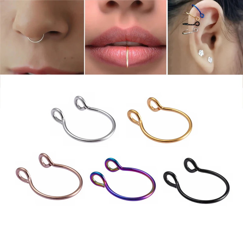 

1-5pcs U Shaped Clip Nose Ring Septum Fake Piercing Lip Rings Set Hoop Stud Stainless Steel Horseshoe Body Jewelry for Women 20G