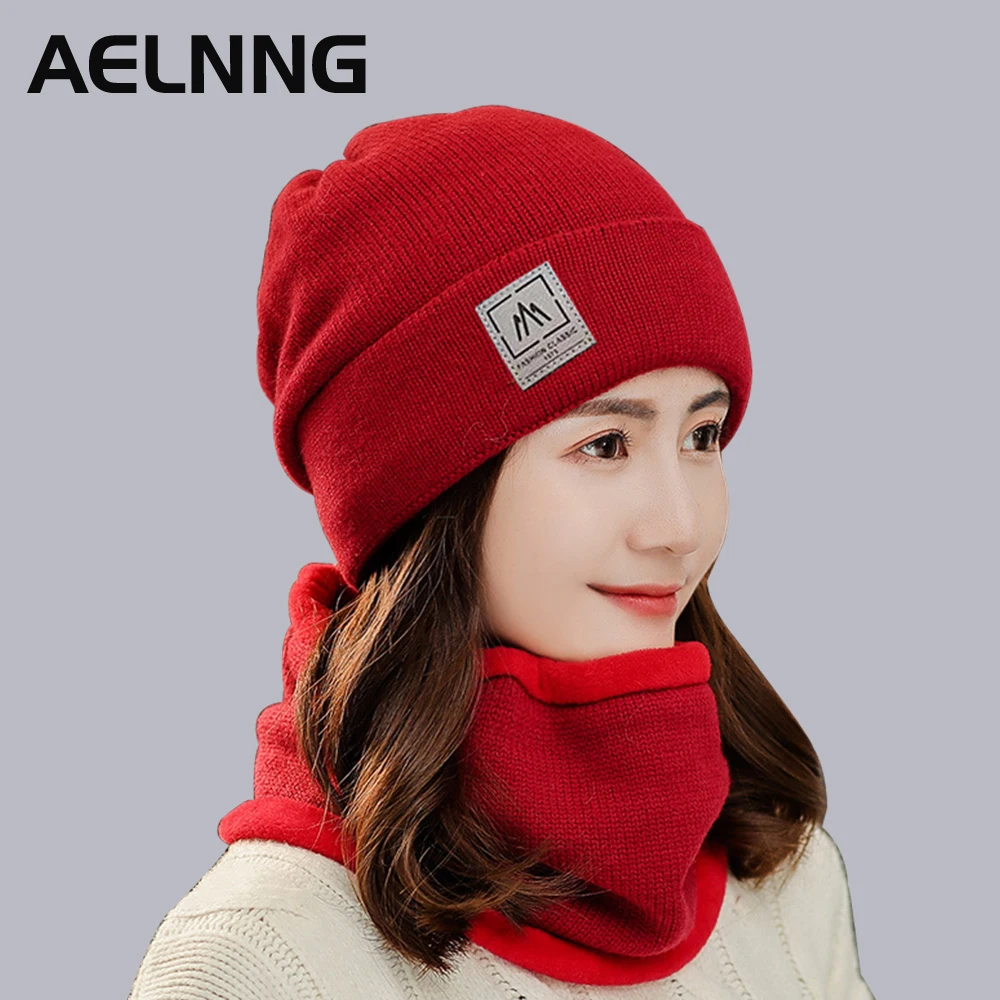

Брендовые зимние вязаные шапки AELNNG, женские бархатные теплые шапки, шапочки для верховой езды, комплект из двух предметов, шапка и шарф