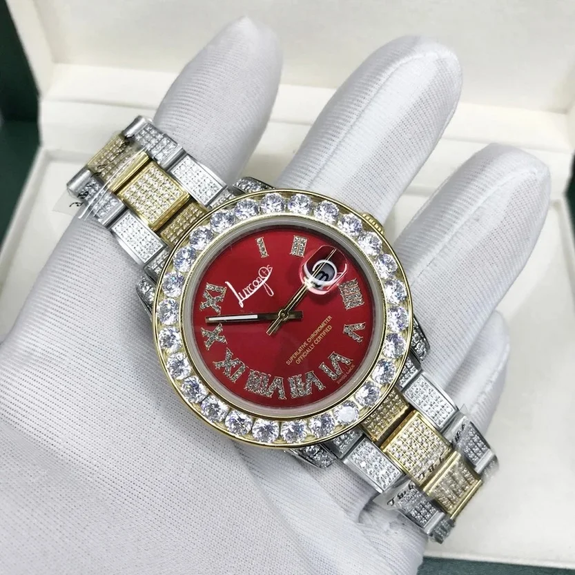 

Full diamonds Roman numerals 18K Gold case Red dial iced out watch men reloj hombre luxury sapphire Automatic sweeping Rolexable