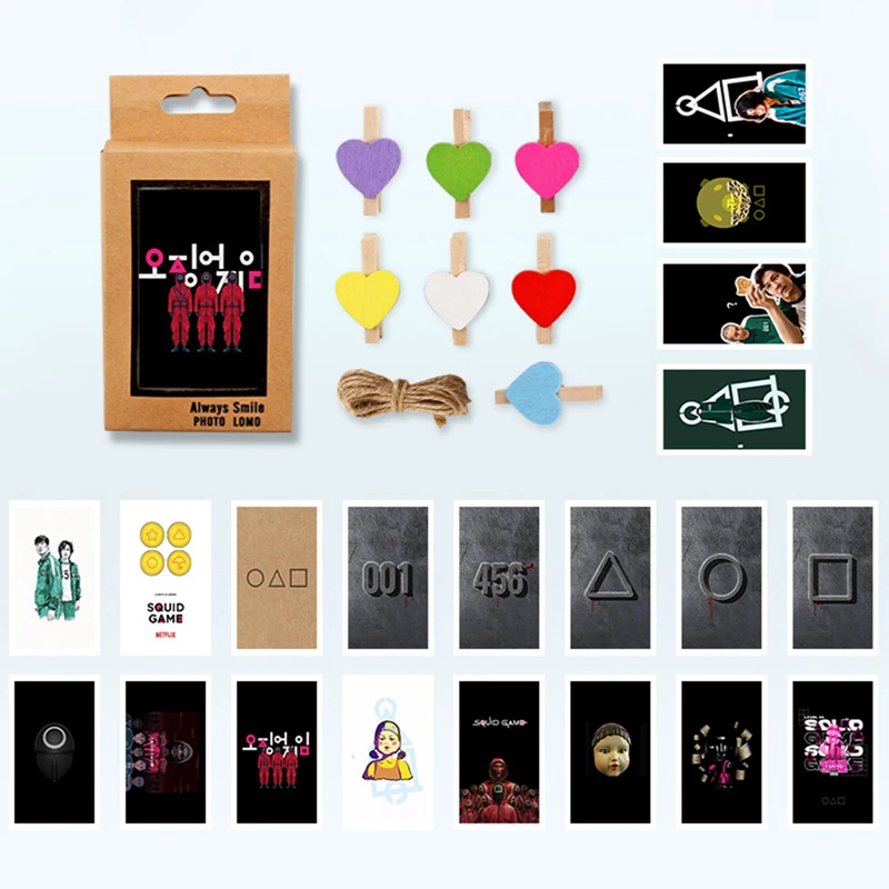 20Pcs/set Squid Game LOMO Card HD Photocard Postcard Small Card Paper Cards With Clips and Rope For Fans Collection Gift
20Pcs/set Squid Game LOMO Card HD Photocard Postcard Small Card Paper Cards With Clips and Rope For Fans Collection Gift