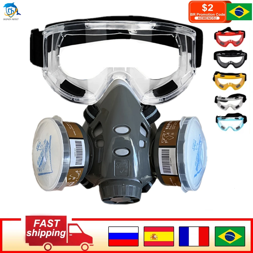 

Professional Half Face Gas Dust Mask With Wide Vision Safety Goggles Carbon Filtering Cartridge For Spraying Painting Work Safe