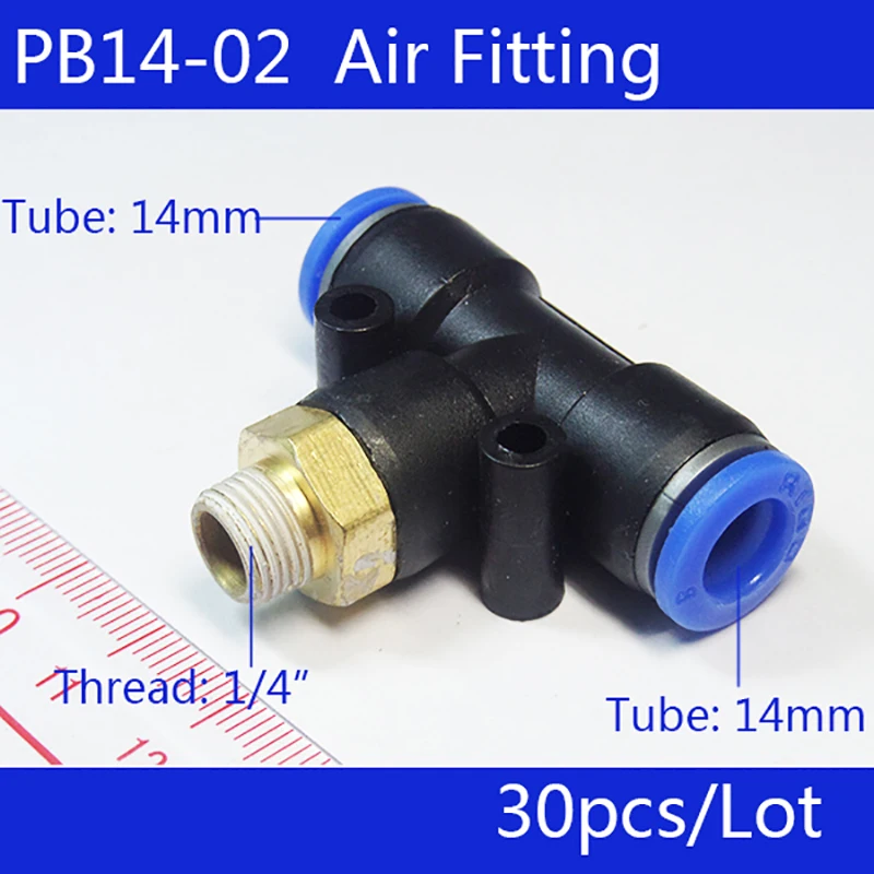 

Free shipping HIGH QUALITY 30Pcs PB14-02, Pneumatic 1/4" Male Thread 14mm Push In Quick Fittings T Connectors