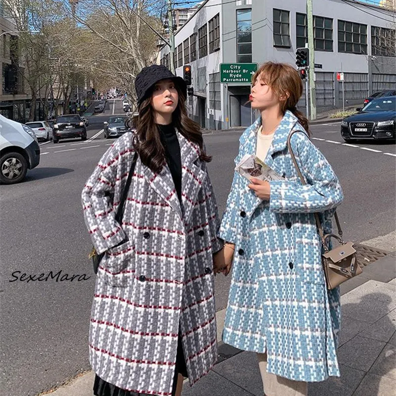 

Винтажное клетчатое кашемировое пальто 2020, зимнее корейское модное Свободное пальто, двубортное шерстяное пальто