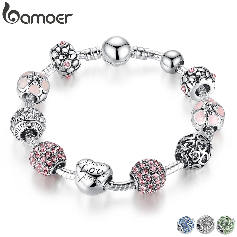 BAMOER посеребренный браслет и с сердечками цветами женские свадебные украшения 4